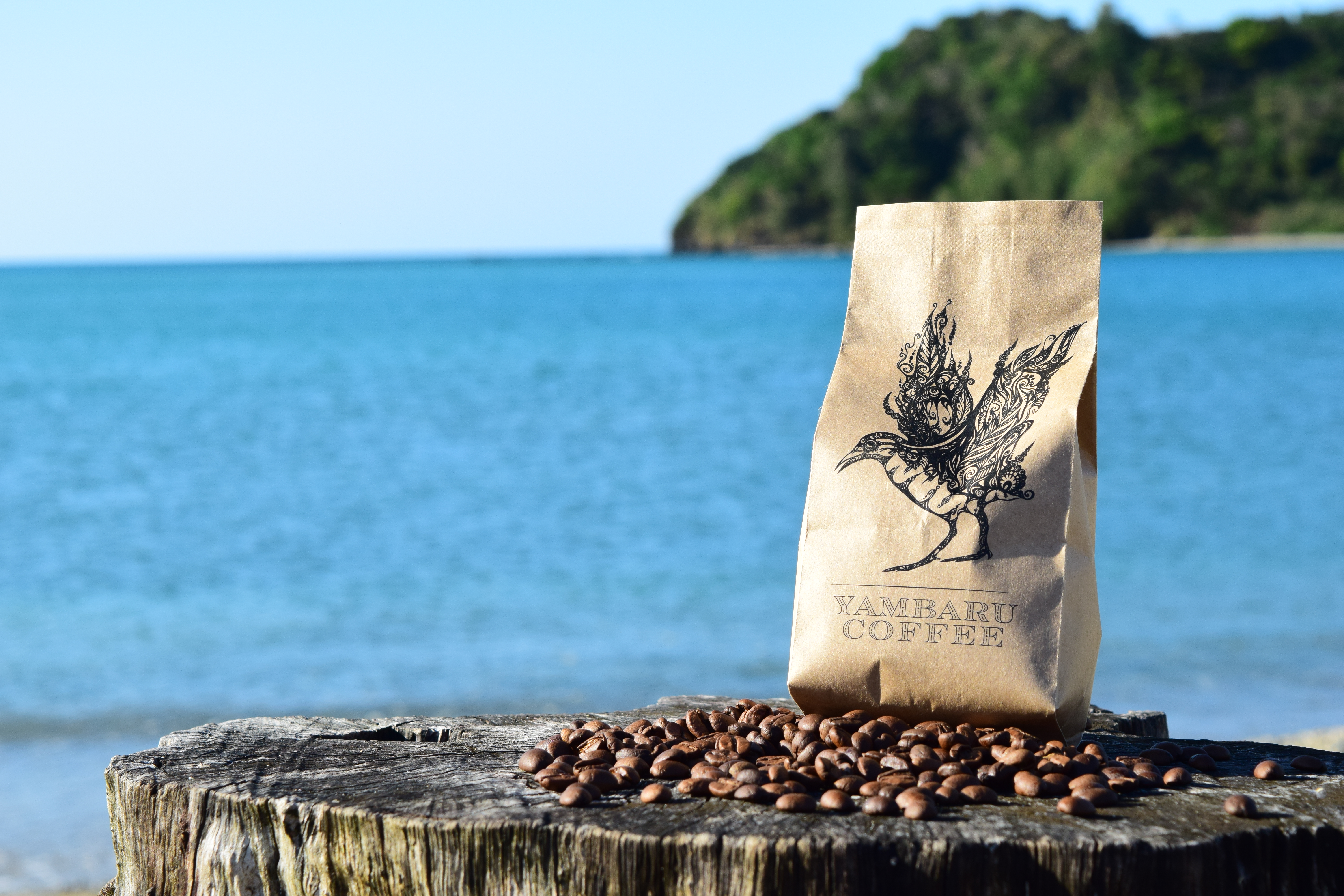 海を背景にしたYAMBARU COFFEEのパッケージと焙煎豆